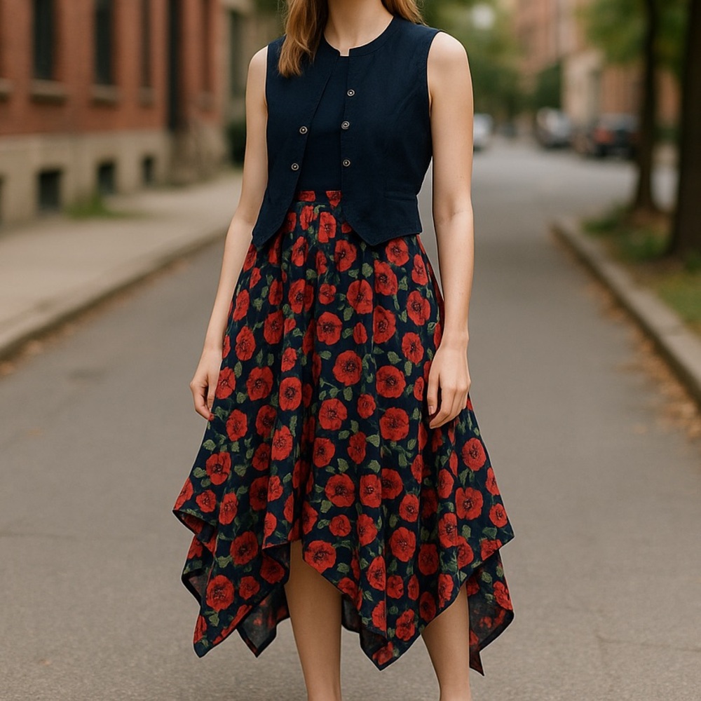 Vintage handmade midi red rose dress with built in navy blue jacket size small